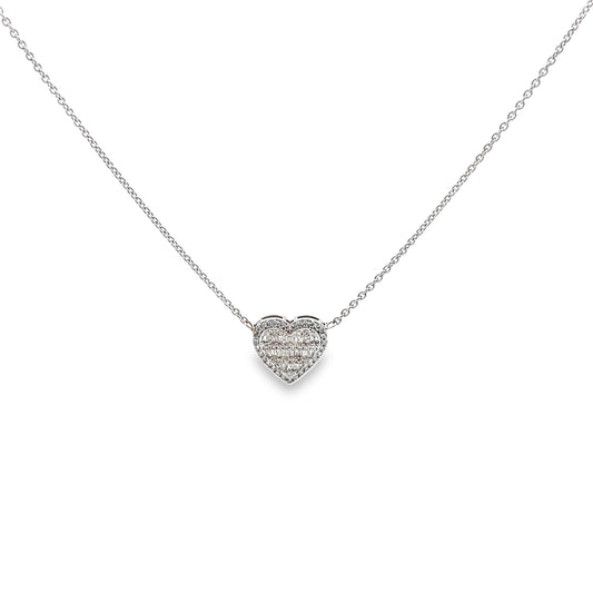 Baguette and Round Cut Diamond Heart Necklace in 14K White Gold