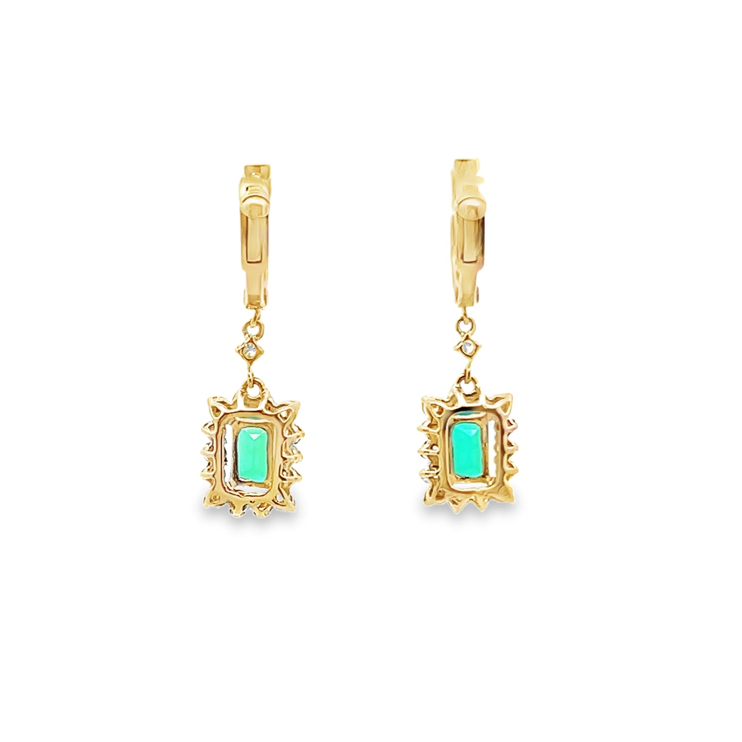 Emerald and Diamond Halo Dangle Earrings in 14K Gold