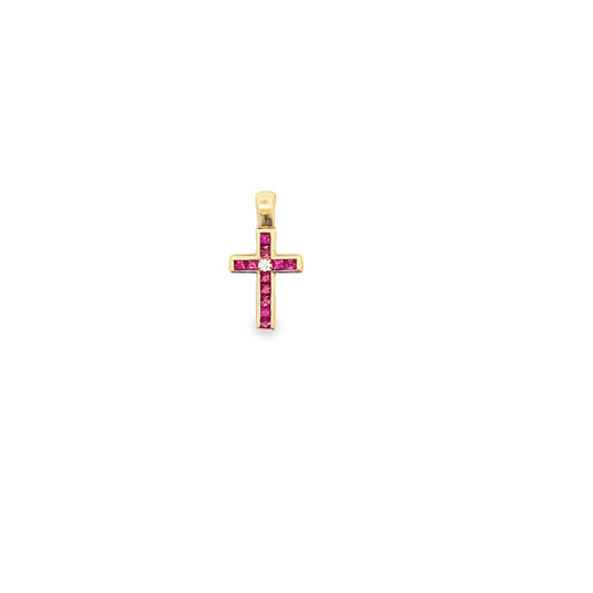 Ruby and Diamond Deep Setting Cross Pendant in 14K Yellow Gold