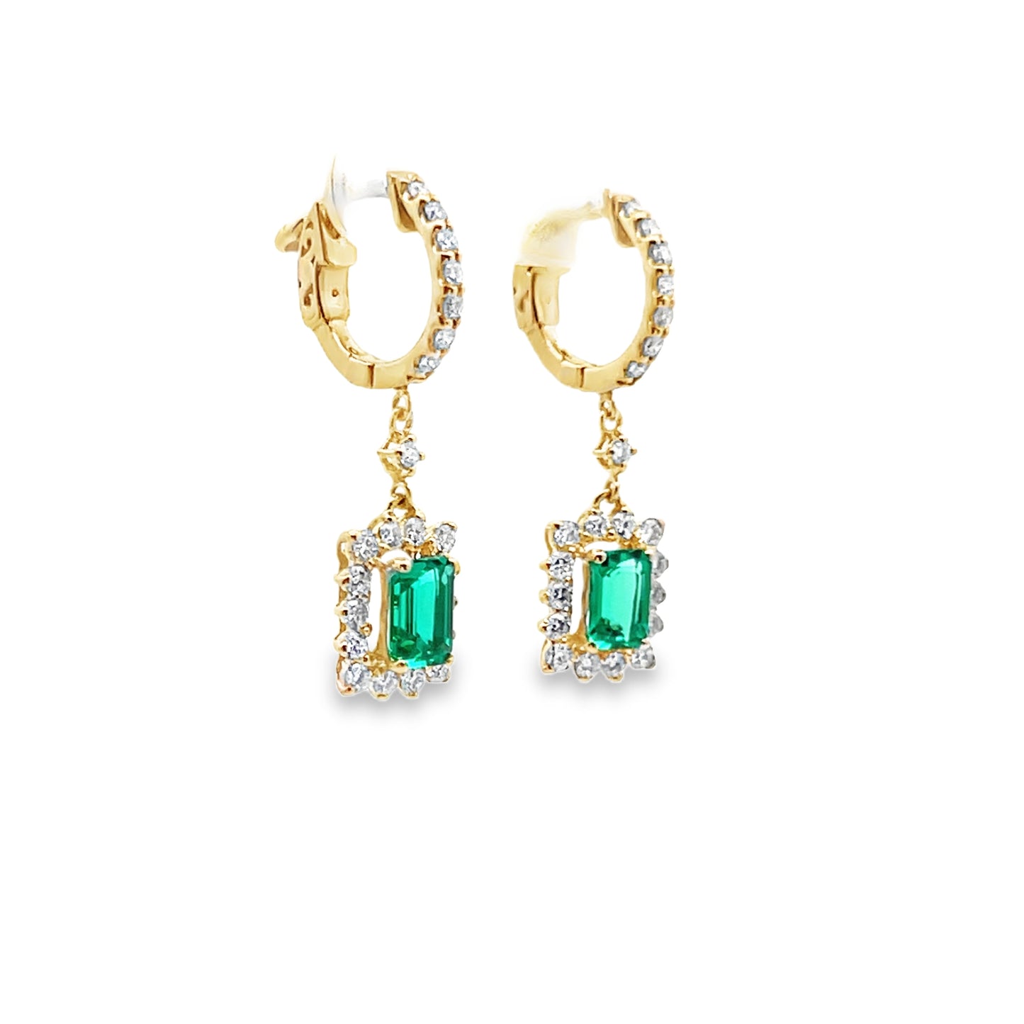 Emerald and Diamond Halo Dangle Earrings in 14K Gold