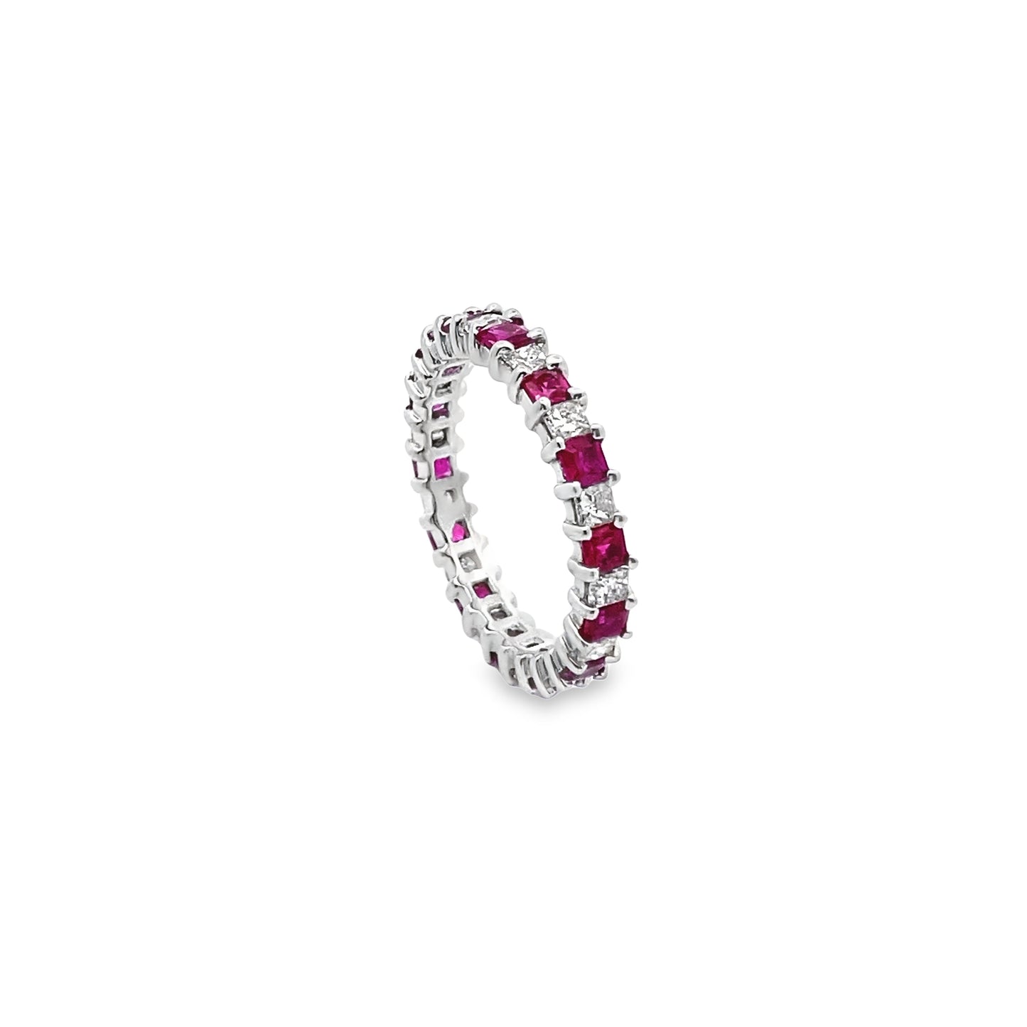 Princess-Cut Ruby and Diamond Eternity Ring in 14K White Gold