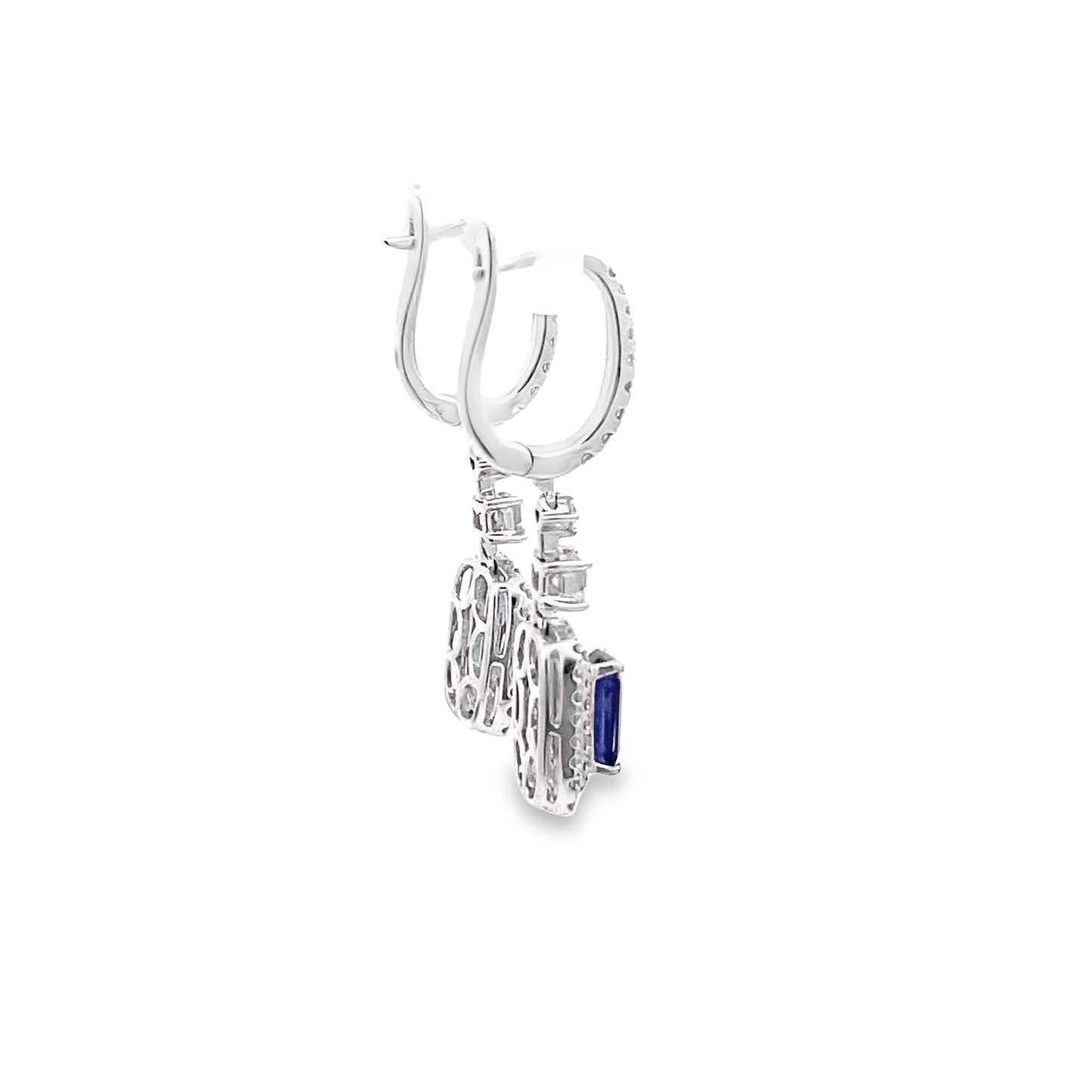 Blue Sapphire Lever back Dangle Earrings with Double Diamond Halo in 18K White Gold