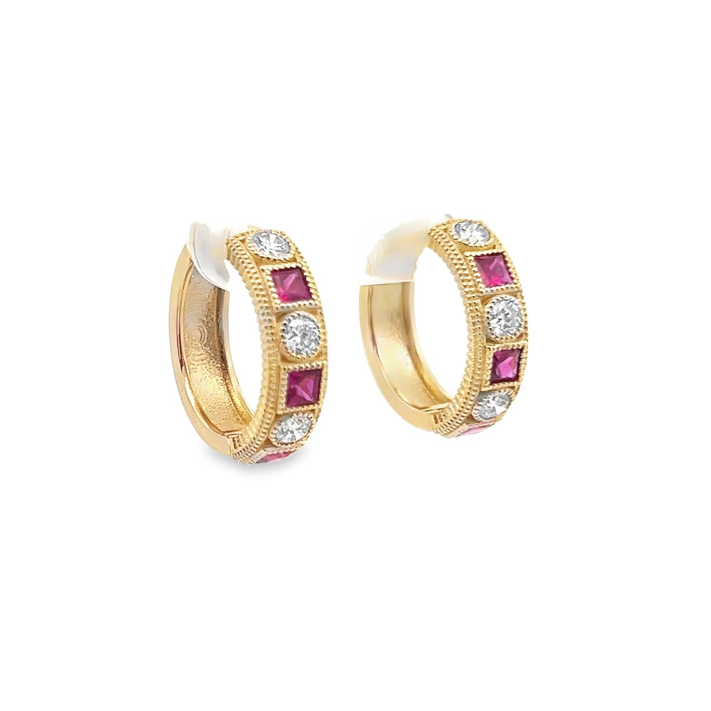 Princess & Round-Cut Ruby and Diamond Huggie Hoop Earrings in 14K Gold