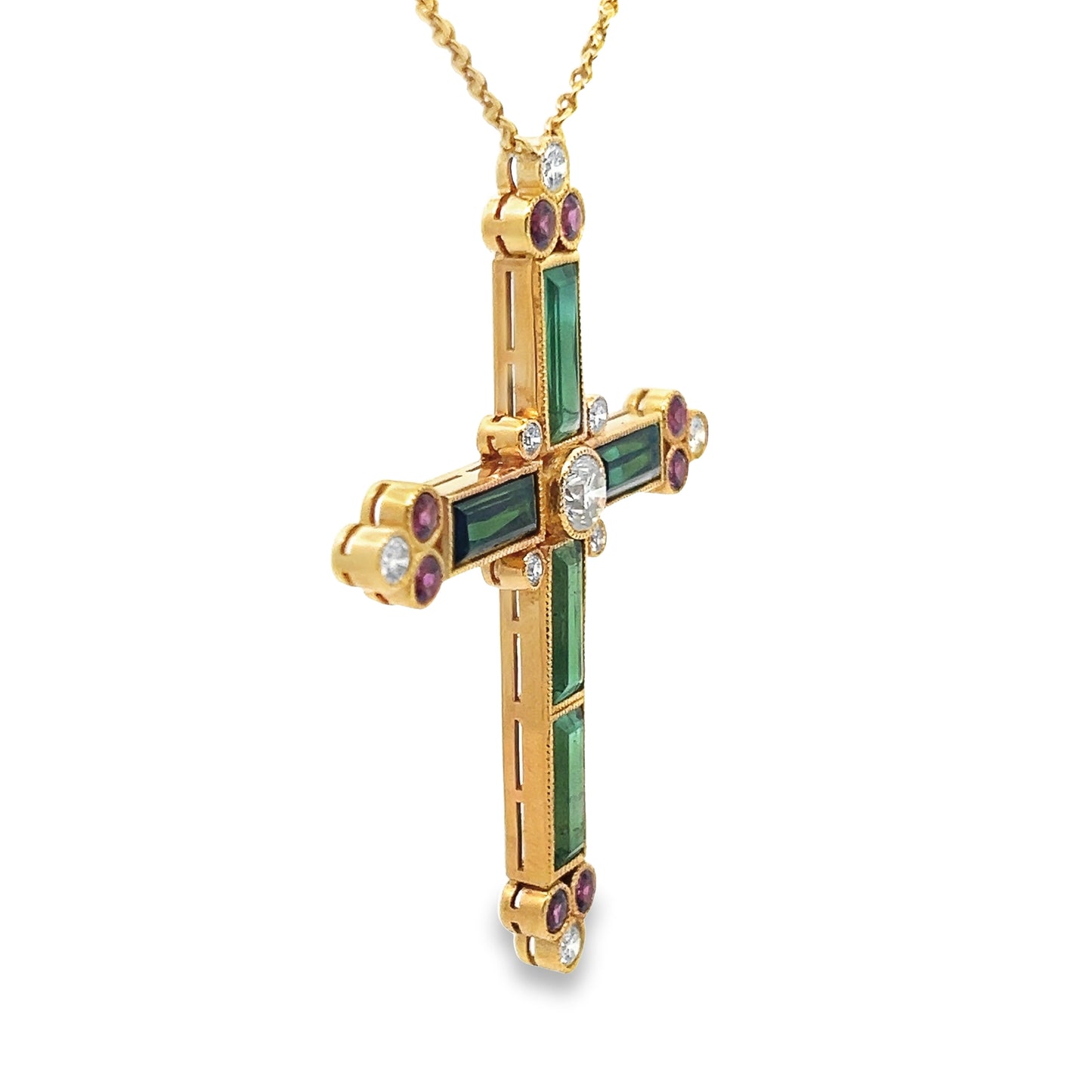 Statement Diamond and Green Tourmaline Cross Pendant Necklace in 18K Yellow Gold