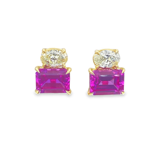 Pink Sapphire & Yellow Diamond Stud Earrings in 14K Yellow Gold