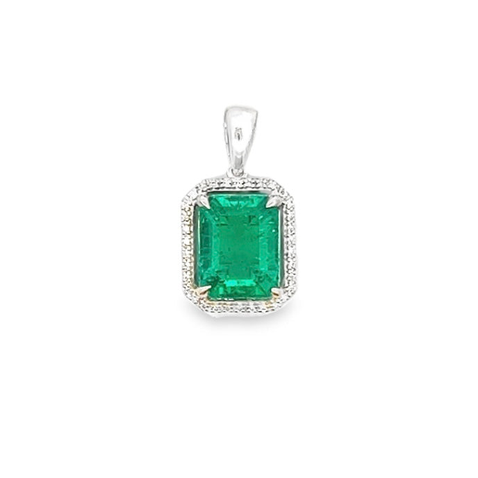Emerald Stone Pendant Diamond Halo in 14K White Gold