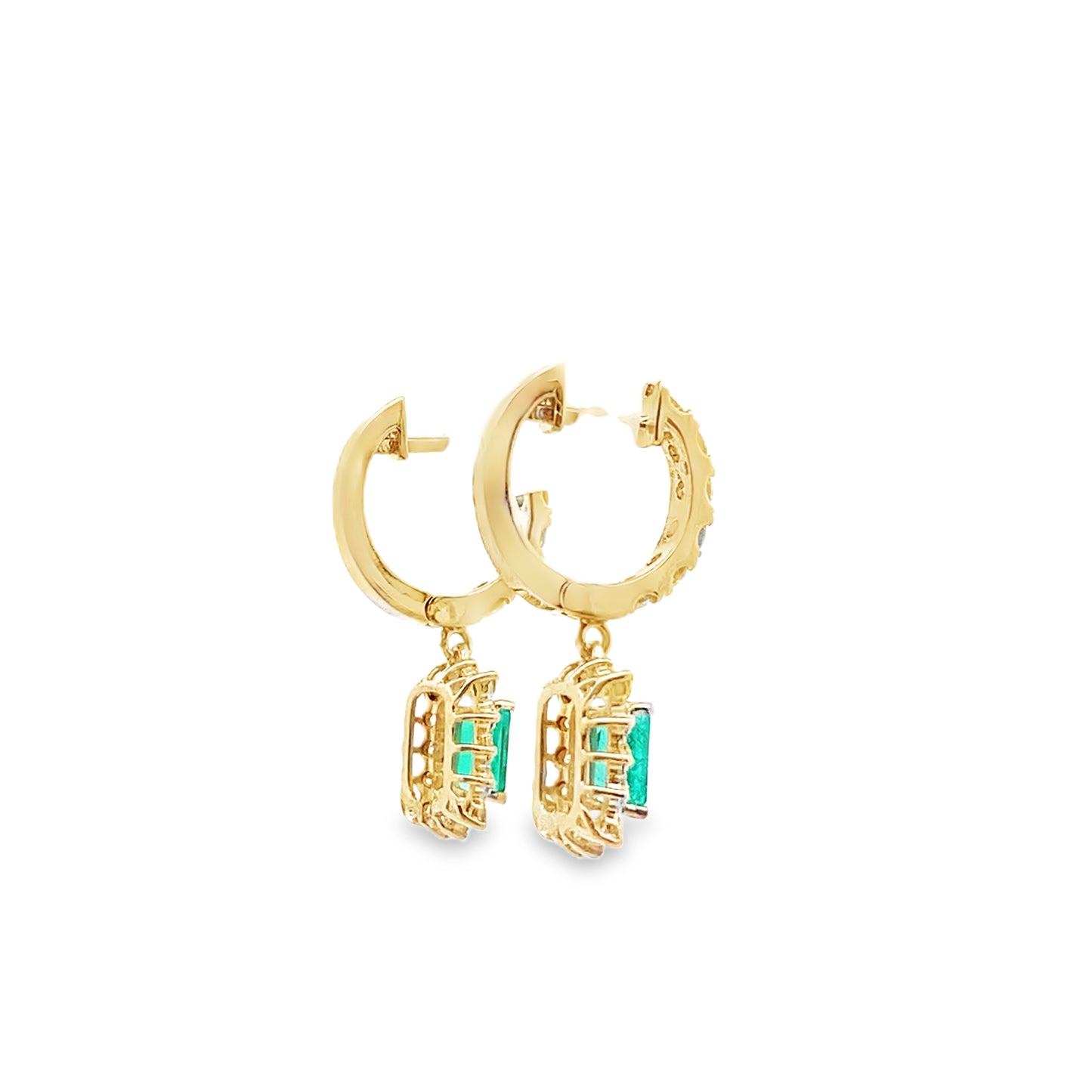 Emerald and Diamond Halo Hoop Drop Earrings in 14K Gold