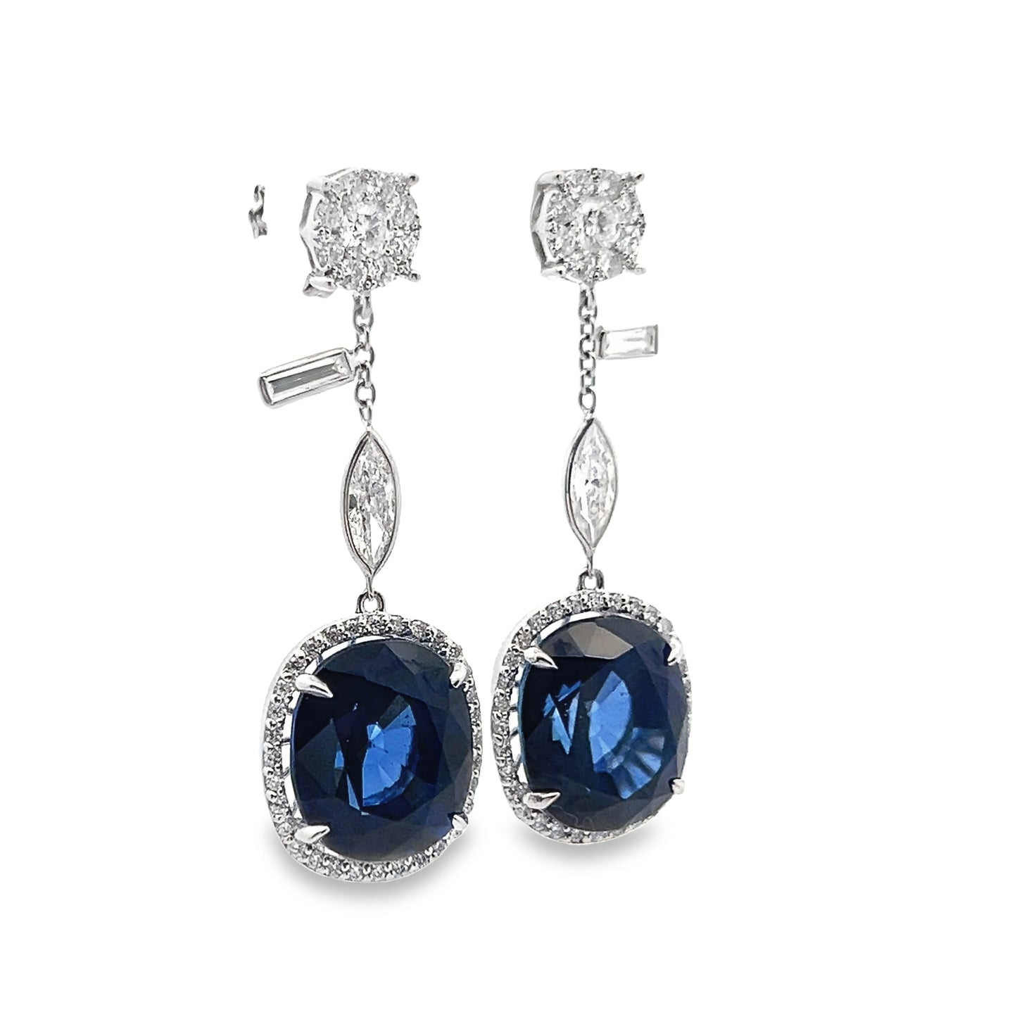 Blue Sapphire Dangle Earrings with Diamond Halo in 14K White Gold