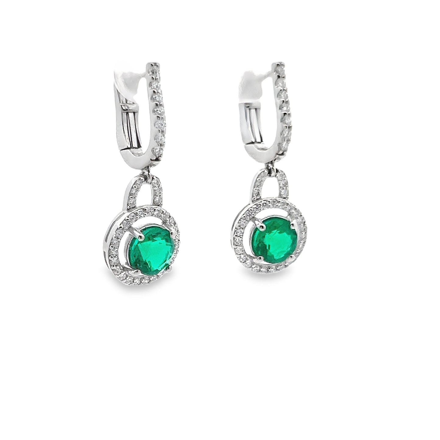 Emerald Leverback Dangle Earrings with Diamond Halo in 14K White Gold
