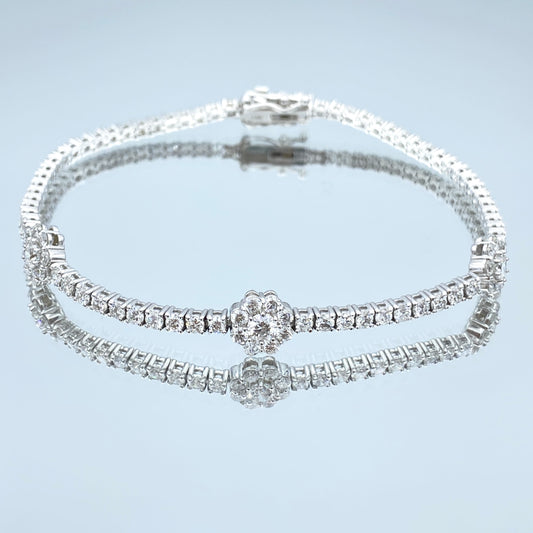 Floral Design Diamond Tennis Bracelet 14K White Gold - L and L Jewelry