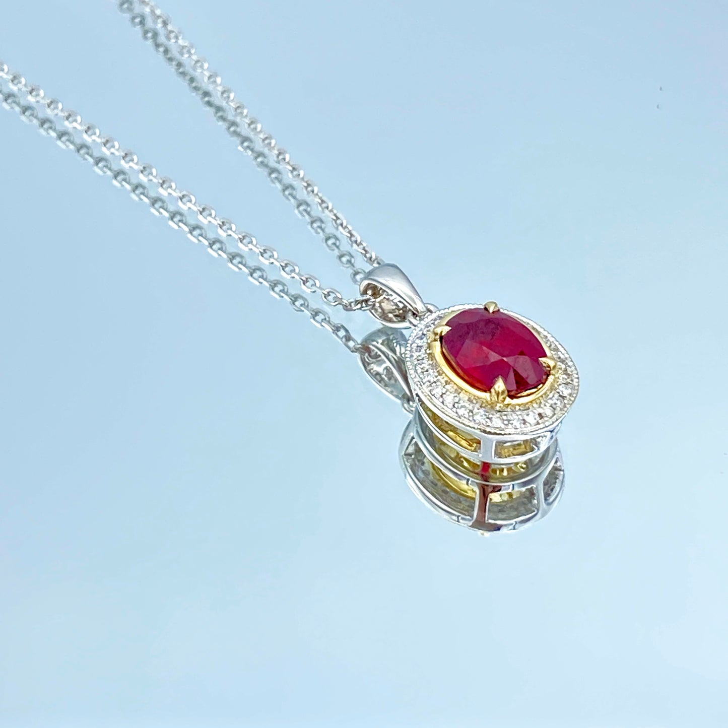 Ruby Pendant Necklace with a Diamond Halo in 14K White Gold - L and L Jewelry