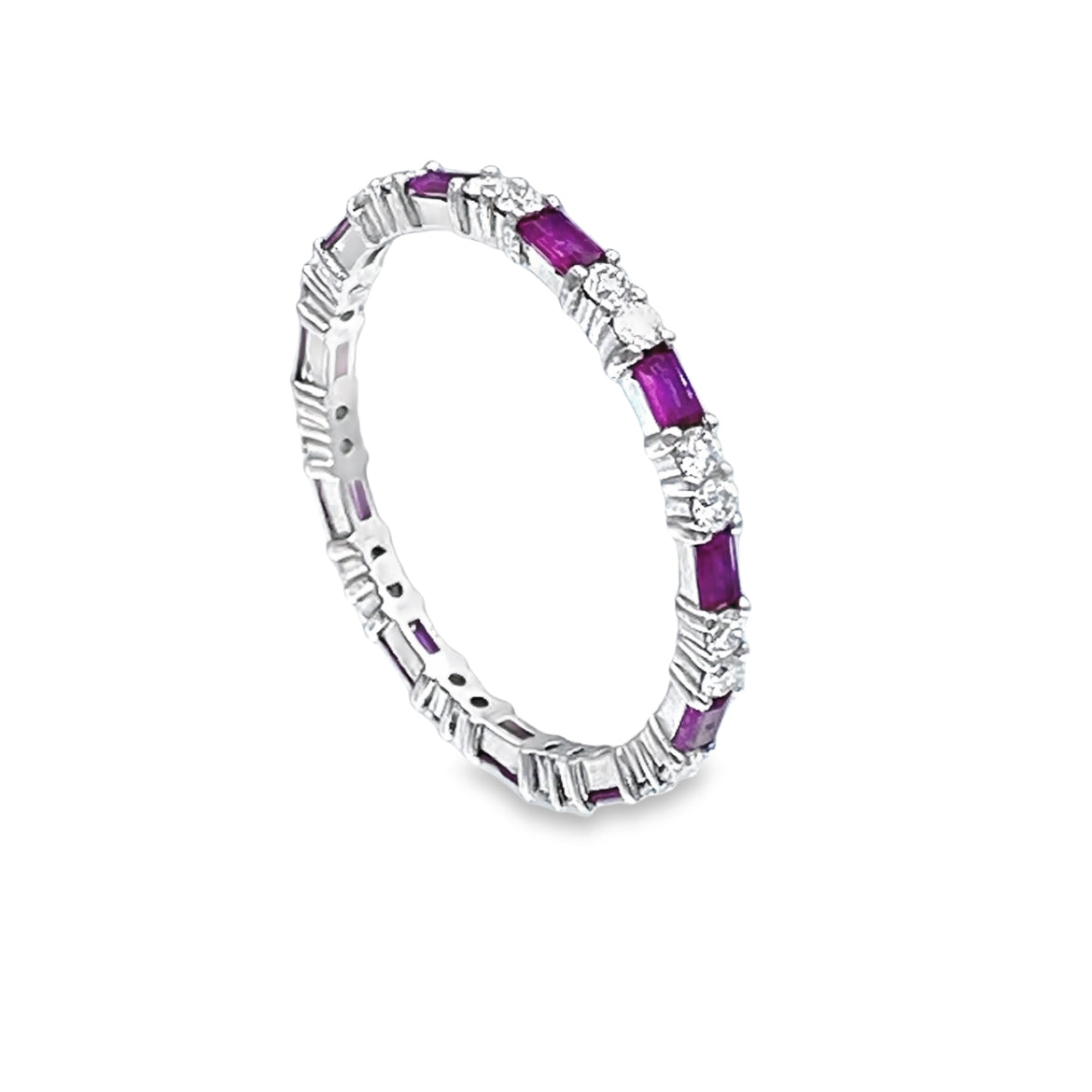 Alternating Baguette-Cut Ruby and Round-Cut Diamond Eternity Ring in 14K White Gold
