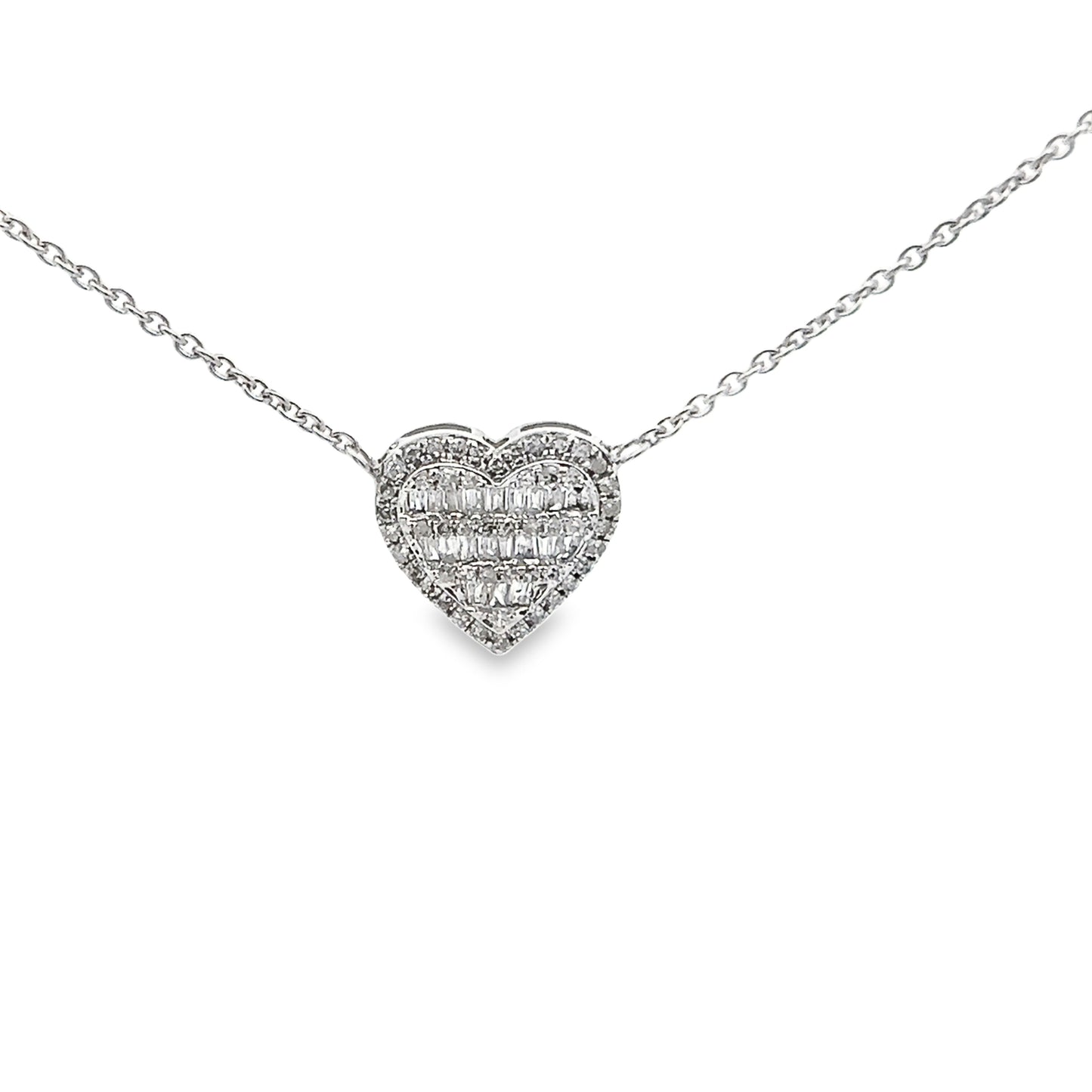 Baguette Cut Diamond Heart Pendant Necklace in 14K White Gold