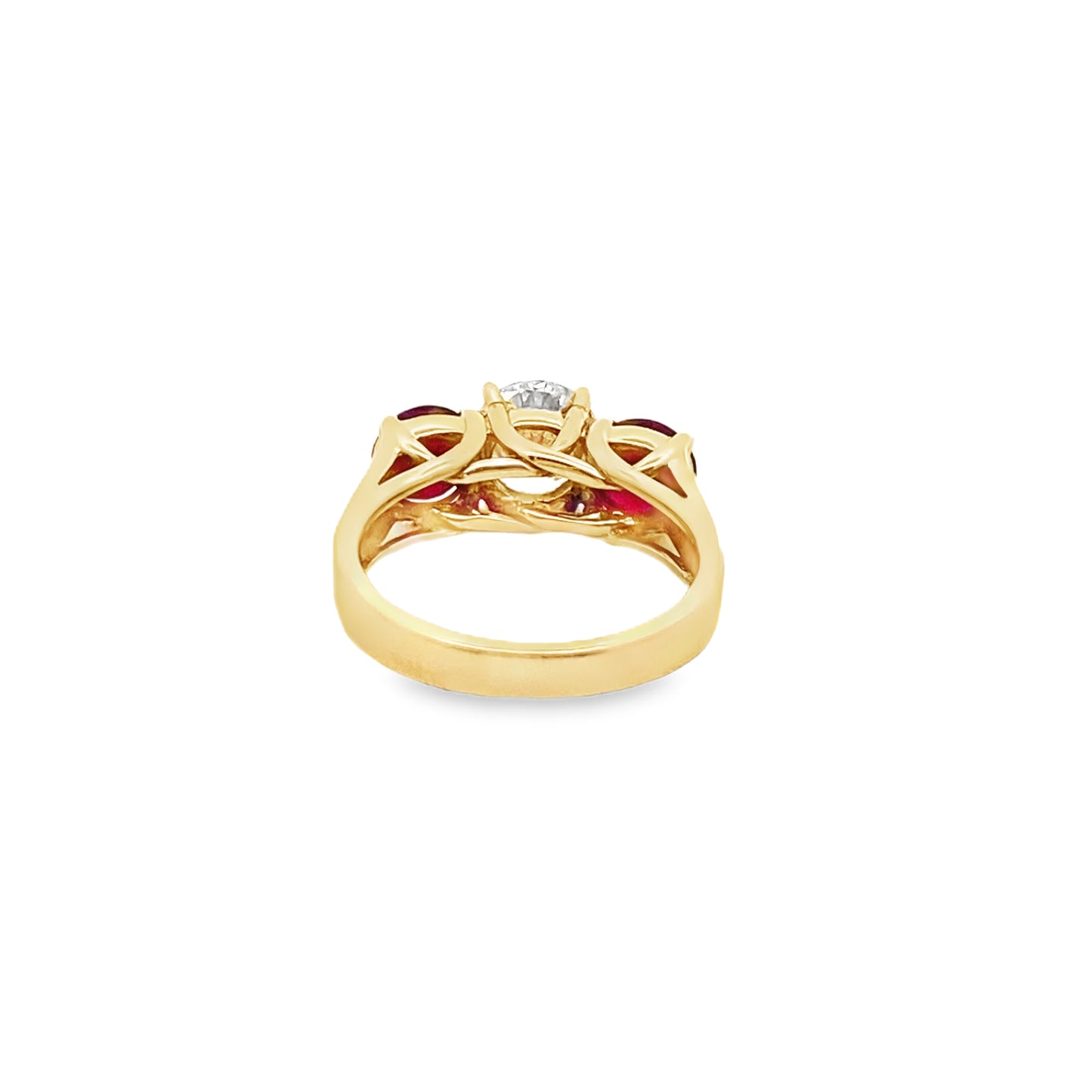 Three Stone Ruby and Diamond Engagement Ring in 14K Yellow Gold