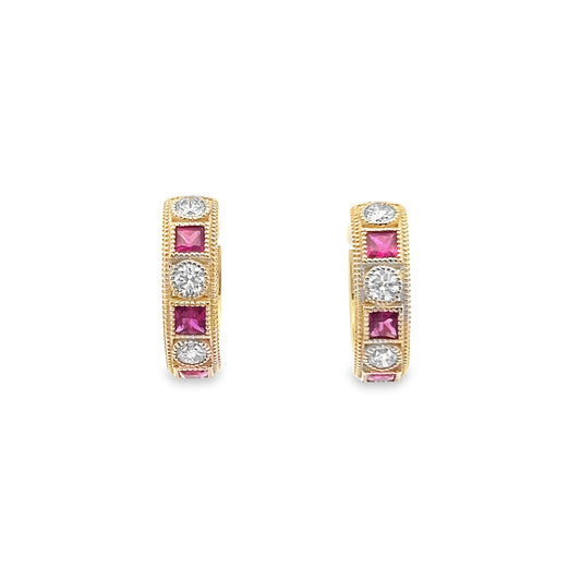Princess & Round-Cut Ruby and Diamond Huggie Hoop Earrings in 14K Gold
