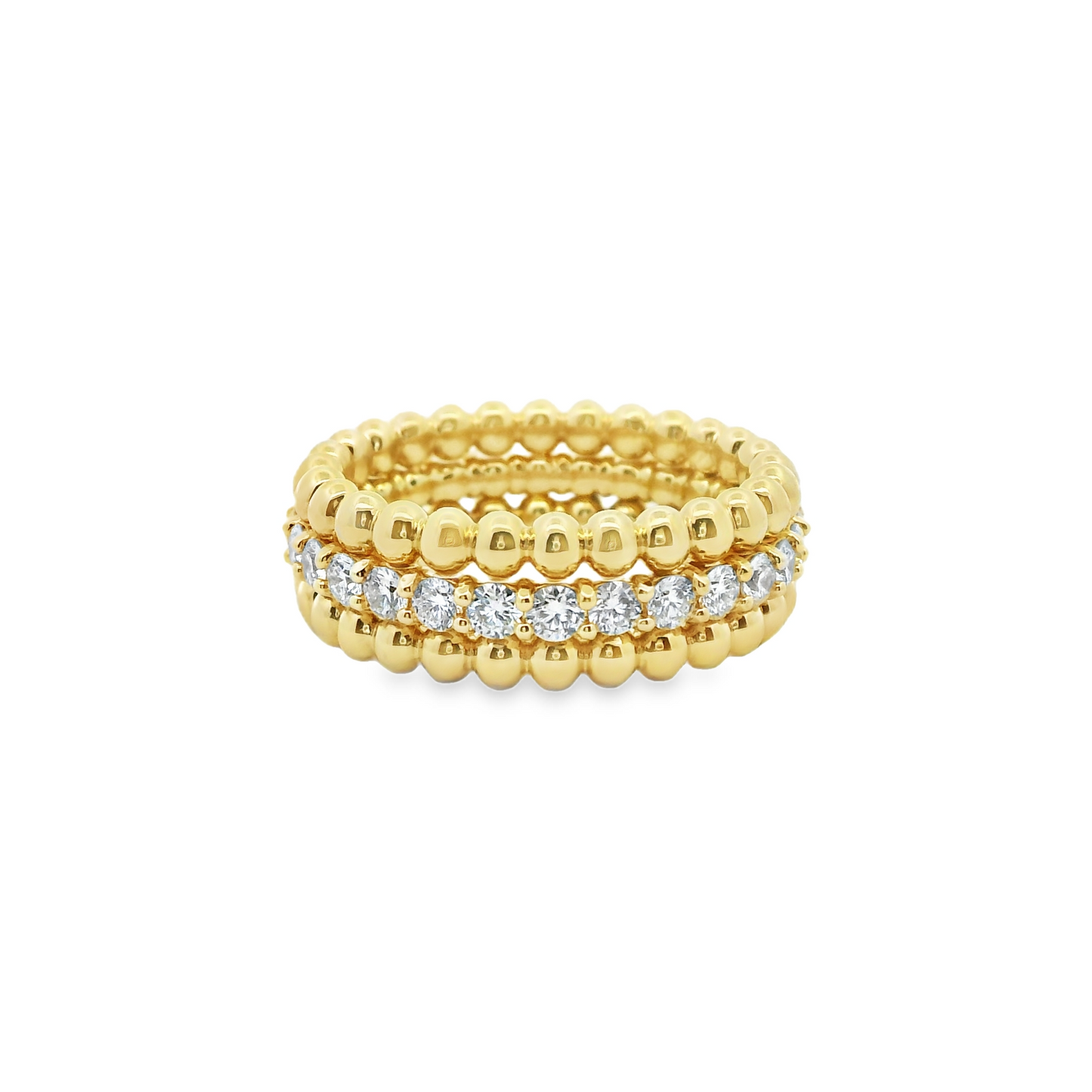 Three Row Bead Gold Ring with Diamonds in 14K Yellow Gold
