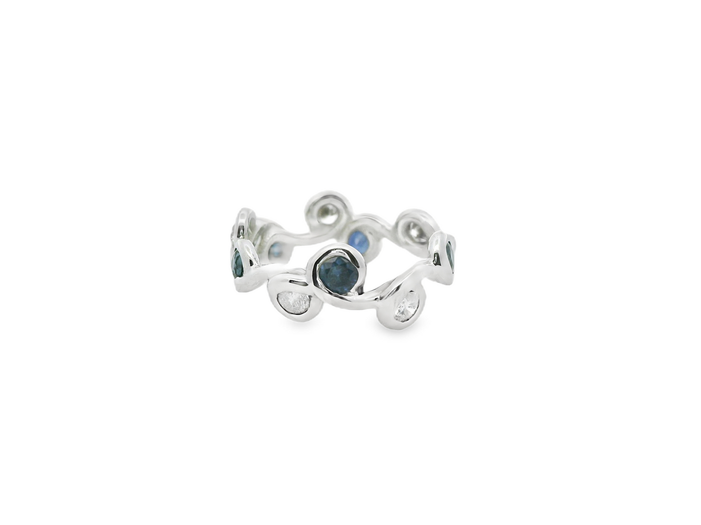 Leafy Motif Sapphire and Diamond Eternity Ring in 14K White Gold