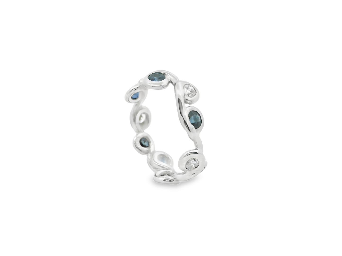 Leafy Motif Sapphire and Diamond Eternity Ring in 14K White Gold