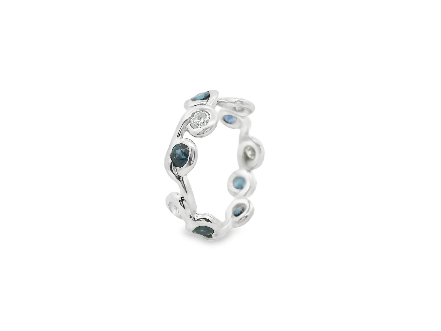 Leafy Motif Sapphire and Diamond Eternity Ring in 14K White Gold