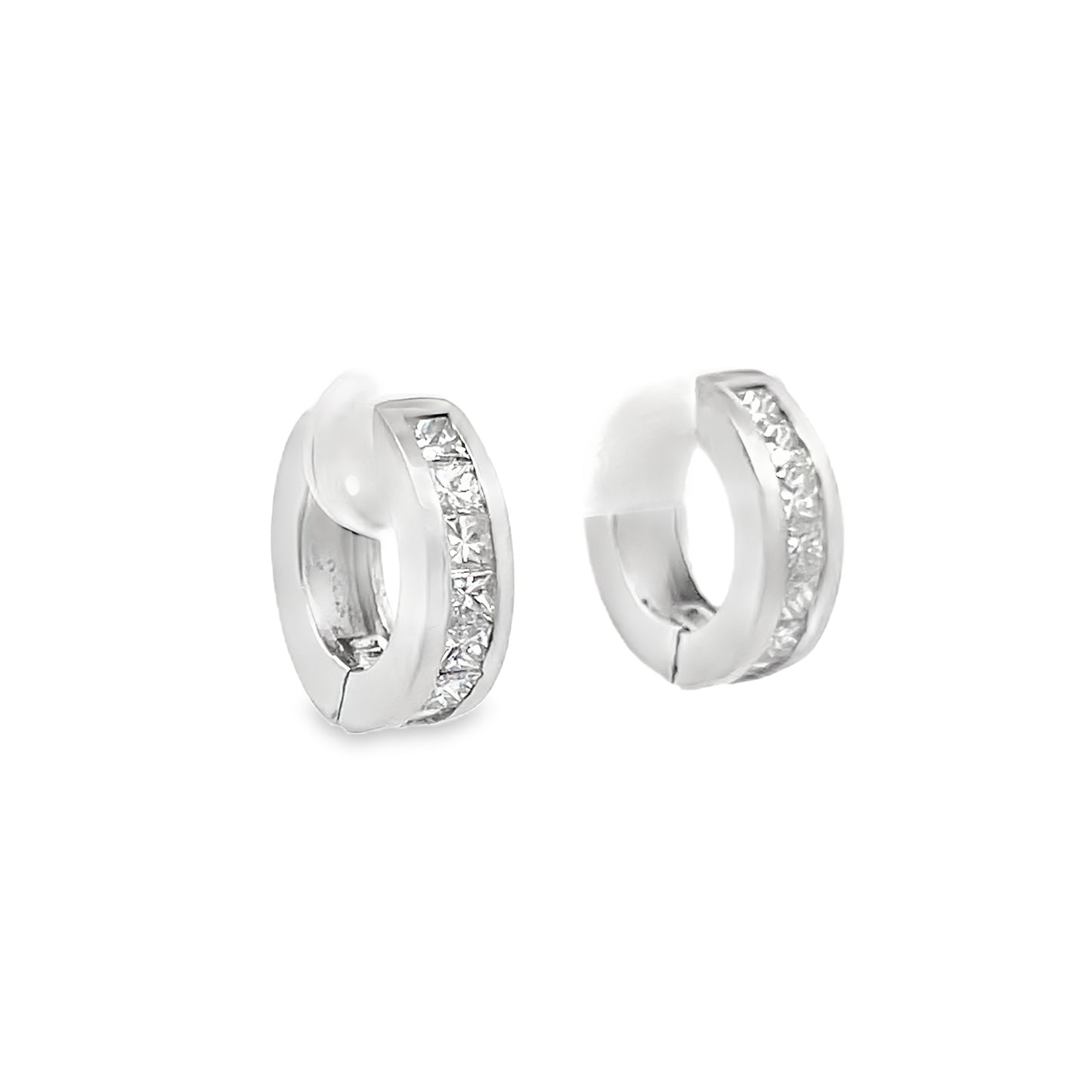 Channel Set Princess Cut Diamond Huggie Hoop Earrings in 14K White Gold