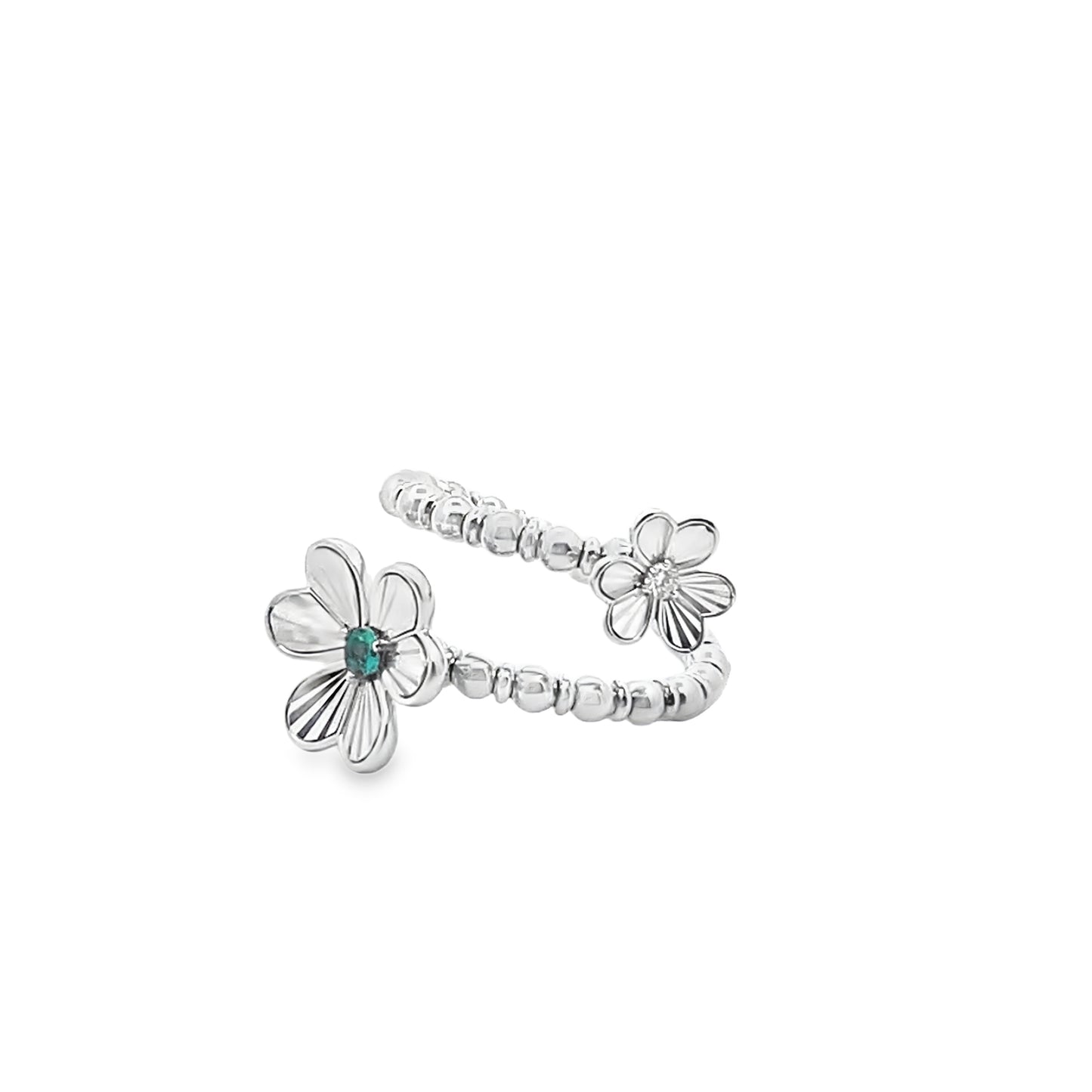 Beaded Double Flower Ring with an Emerald and Diamond Center in 14K White Gold