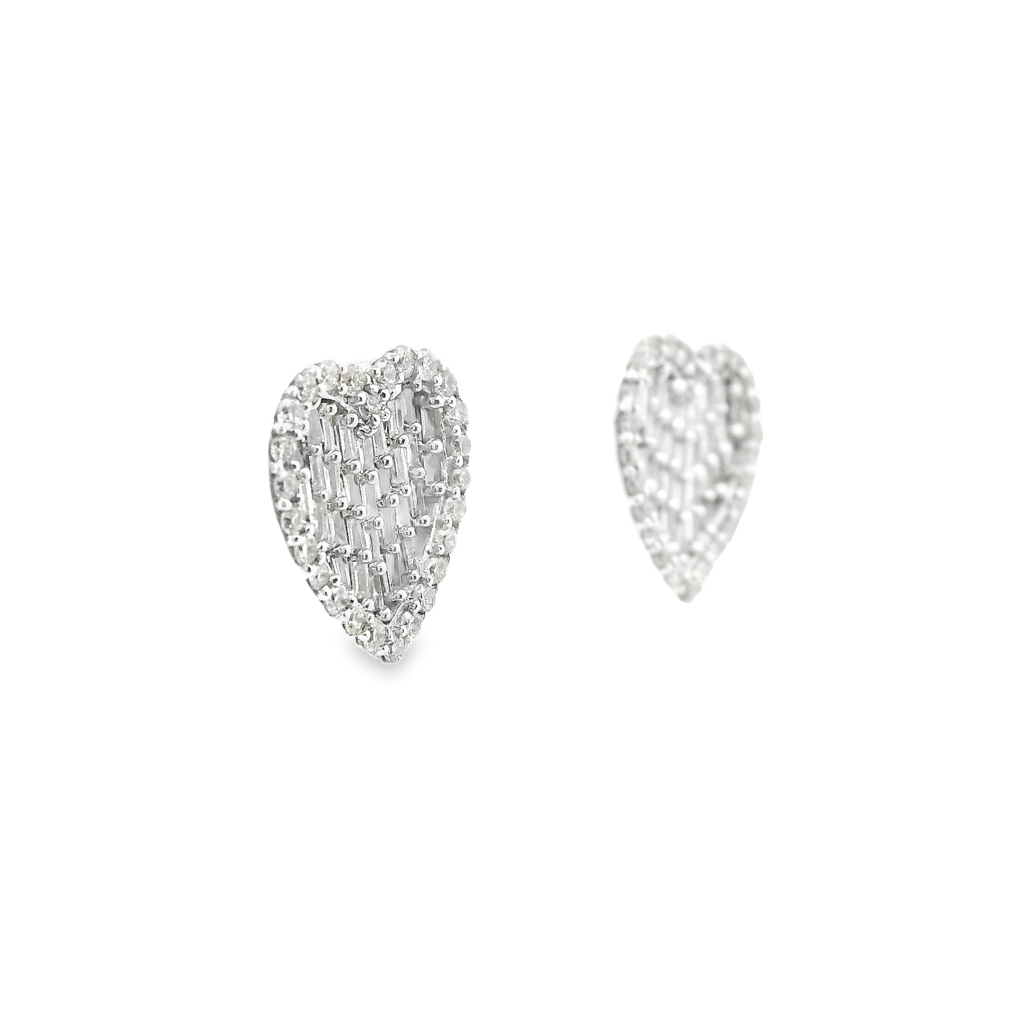 Heart Shape Baguette and Round Diamond Earrings in 14K White Gold