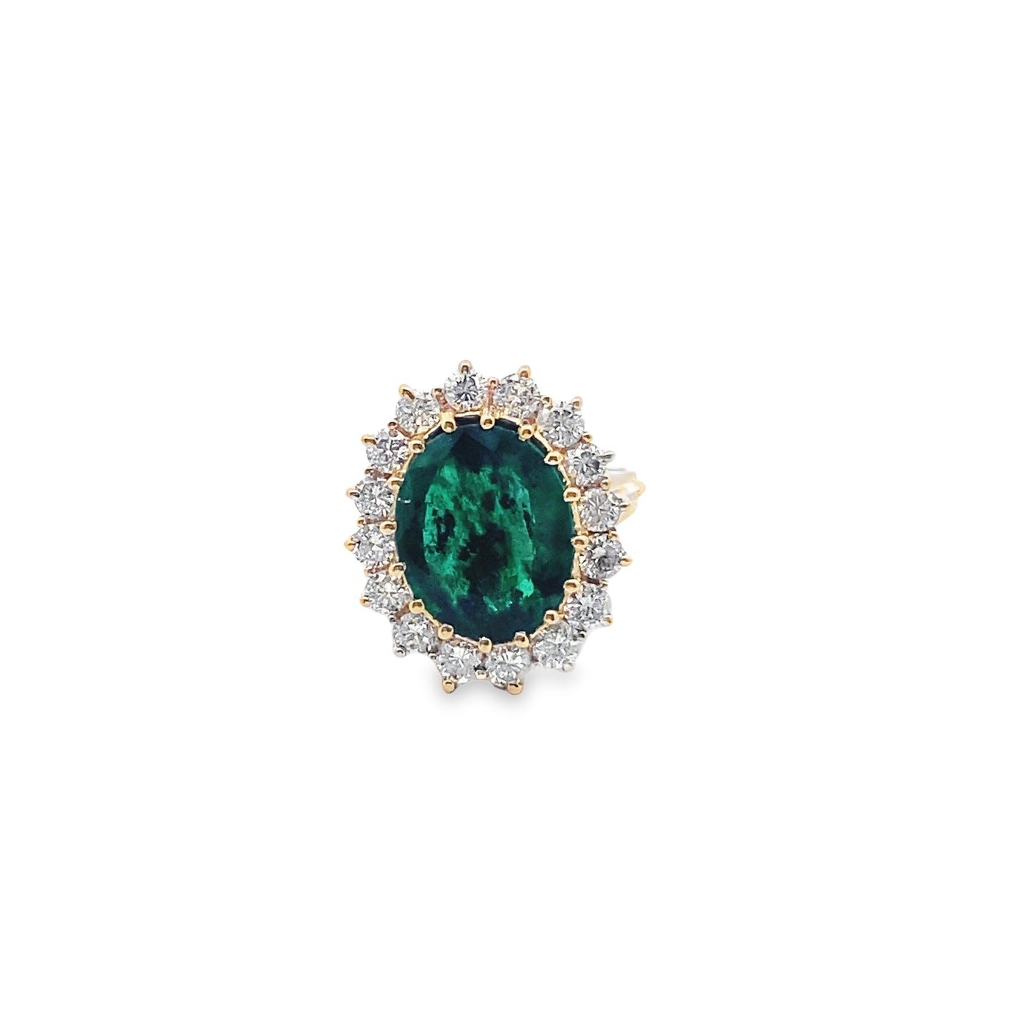 Emerald and Diamond Halo Ring in 14K Yellow Gold