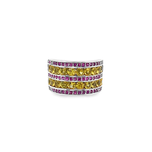 Yellow and Pink Sapphire Statement Ring Multi-Row Band