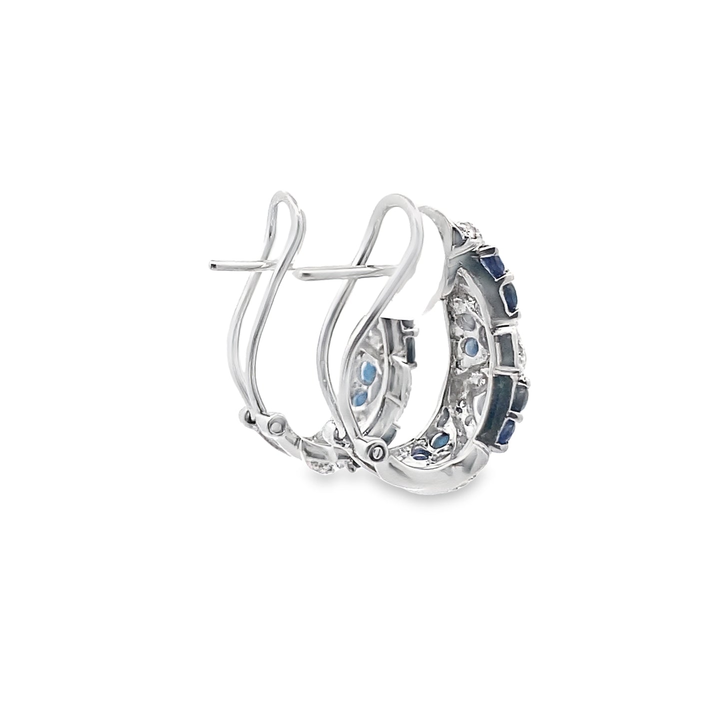 Diamond and Blue Sapphire Clip On Earrings in 18K White Gold