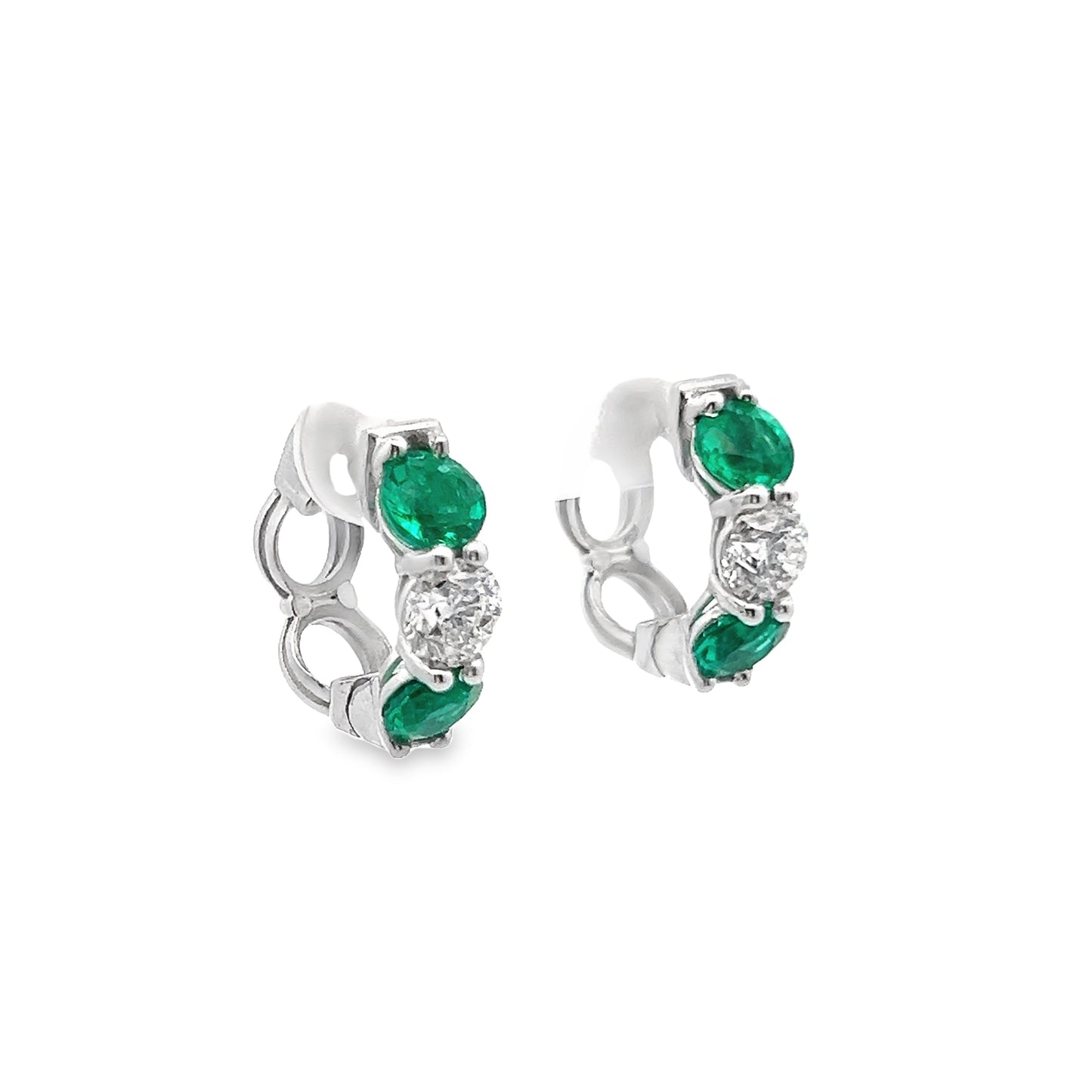 Alternating Emerald and Diamond Hoop Earrings in 14K White Gold