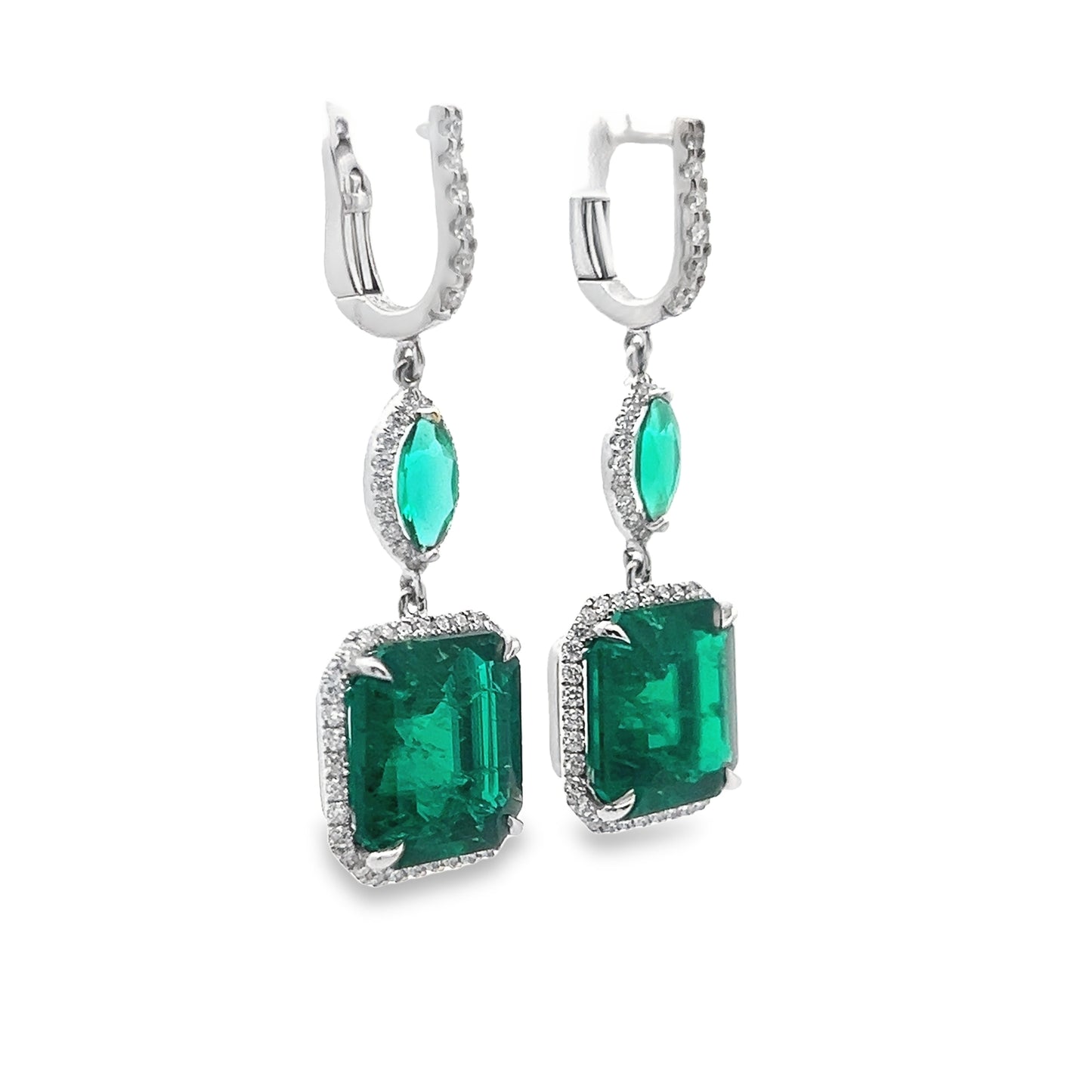Emerald Lever Back Dangle Earrings with Diamond Halo in 14K White Gold