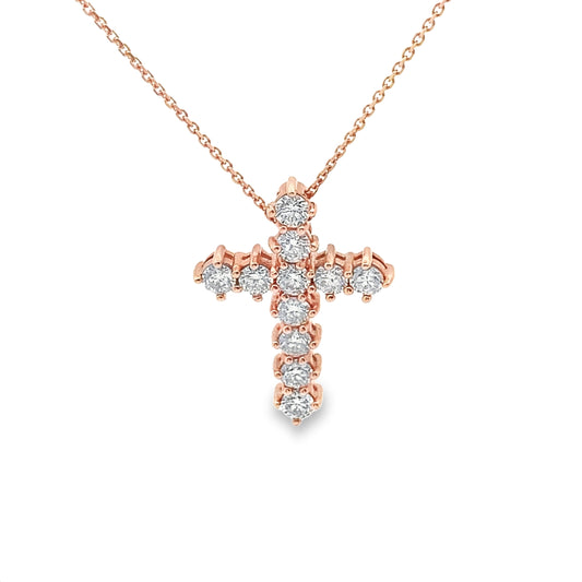 Round Cut Diamond Cross Necklace in 14K Rose Gold
