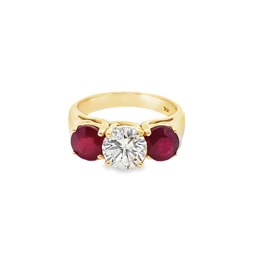 Three Stone Ruby and Diamond Engagement Ring in 14K Yellow Gold