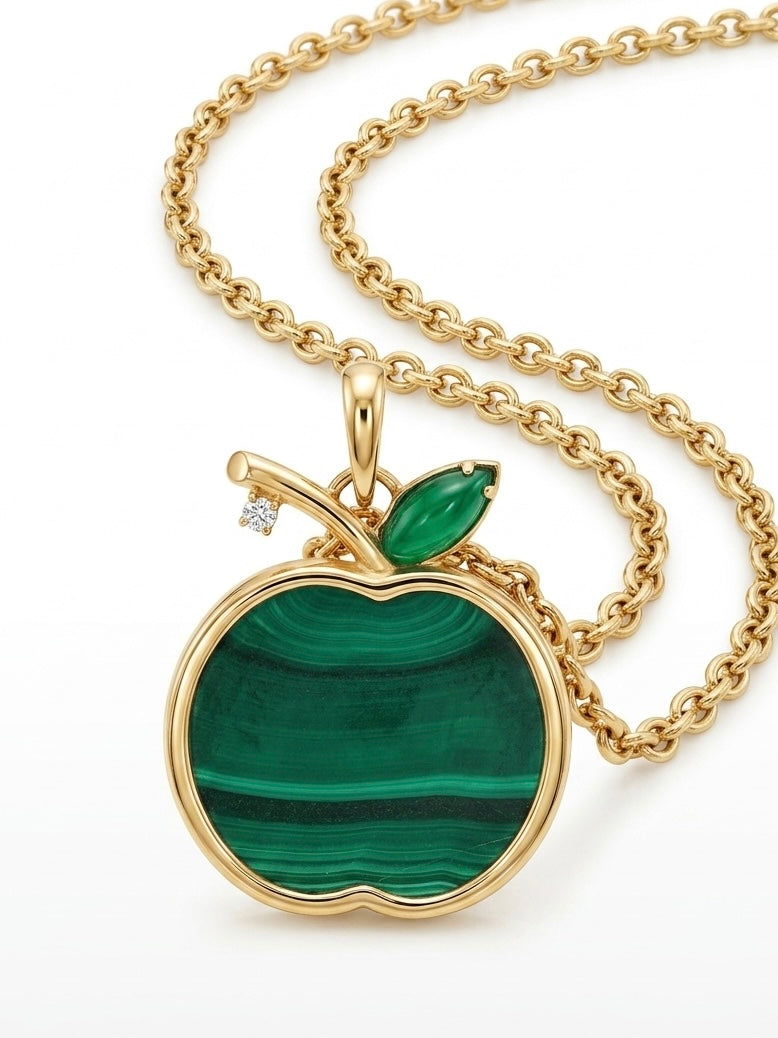 Green Malachite Apple Pendant in 14K Yellow Gold