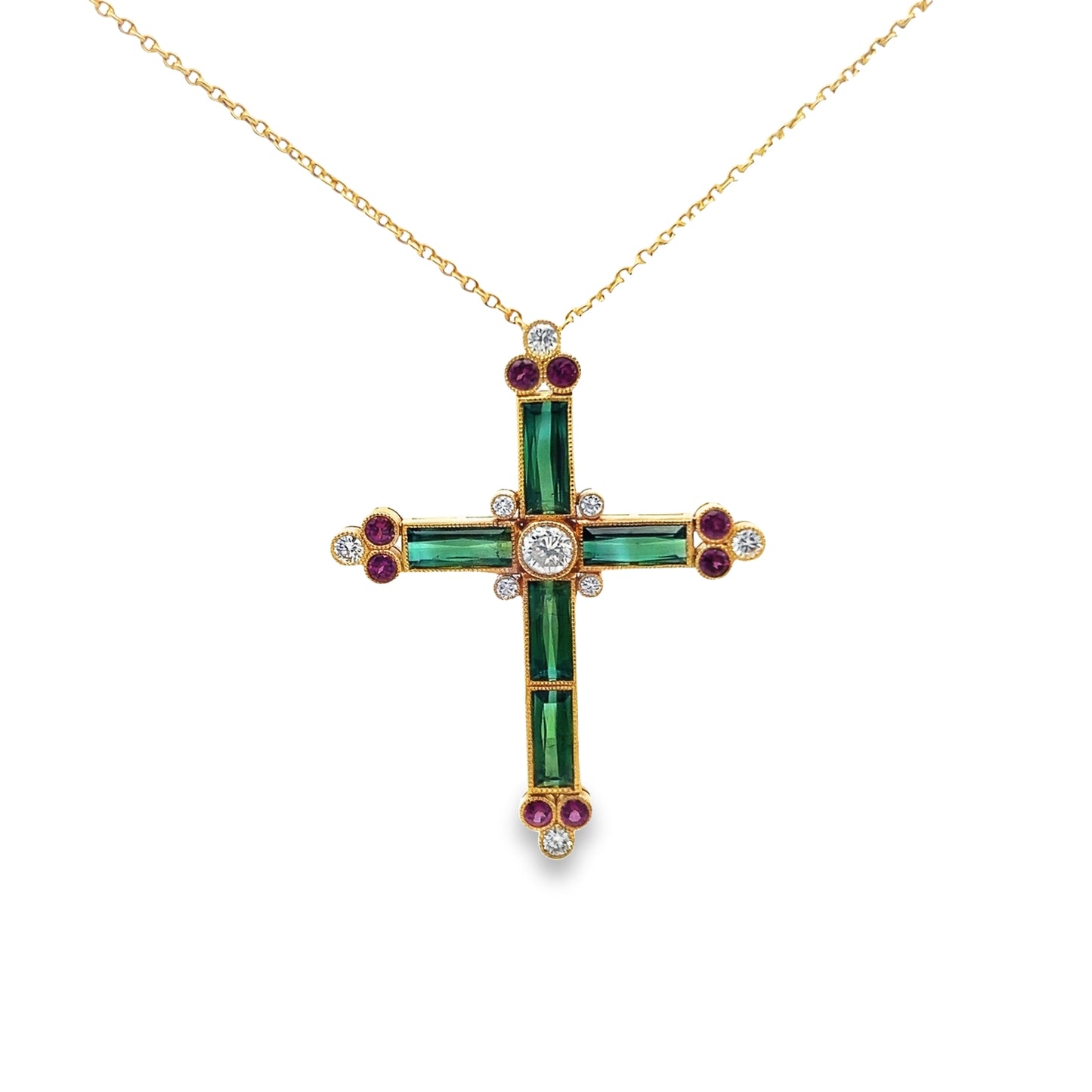 Statement Diamond and Green Tourmaline Cross Pendant Necklace in 18K Yellow Gold