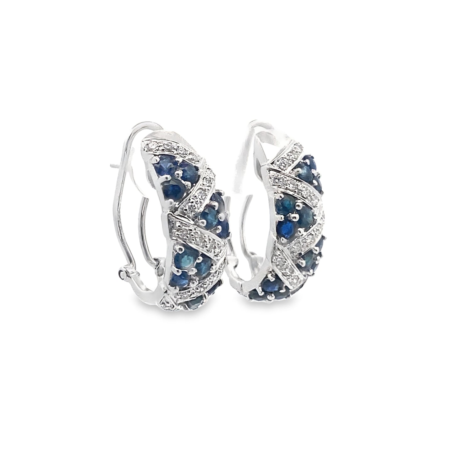 Diamond and Blue Sapphire Clip On Earrings in 18K White Gold