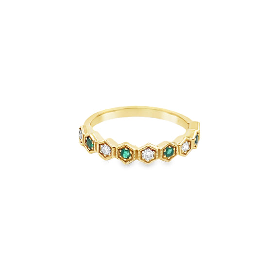 Vintage Look Round-Cut Emerald and Diamond Ring in 18K Yellow Gold