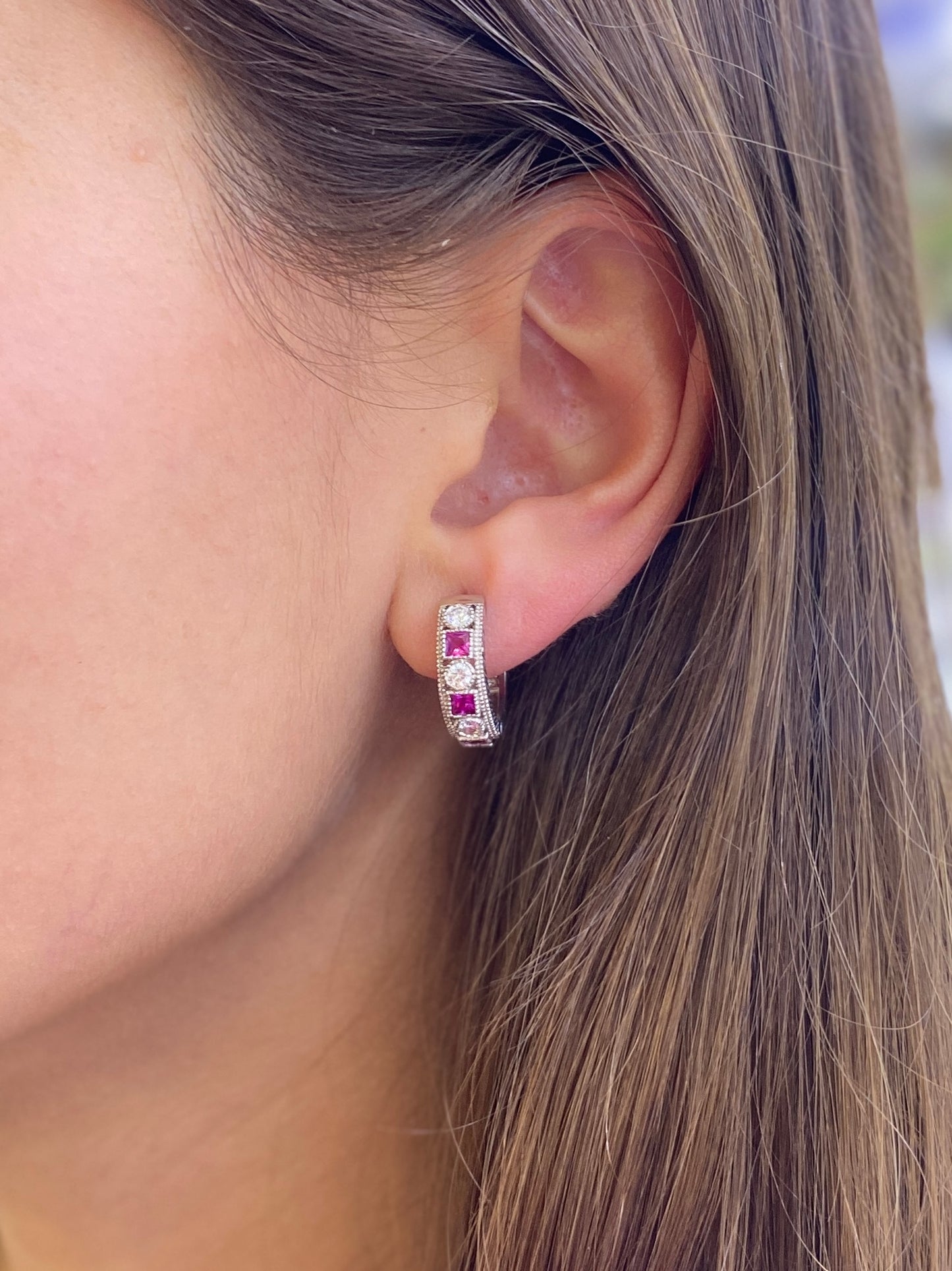Princess & Round-Cut Ruby and Diamond Huggie Hoop Earrings in 14K Gold