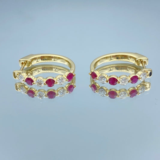 Diamond and Ruby Hoop Earrings in 14K Yellow Gold