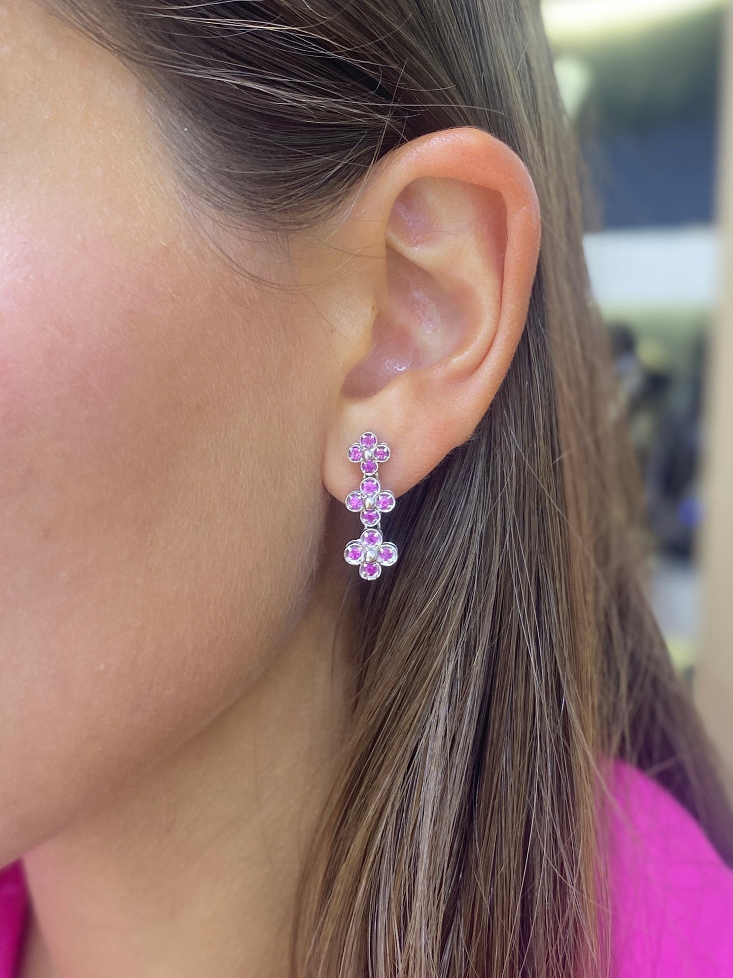 Pink Sapphire Four Leaf Dangly Earrings in 14K White Gold