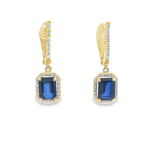 Sapphire and Diamond Halo Dangle Earrings in 14K Yellow Gold