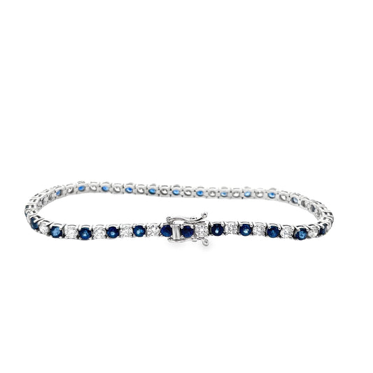 Alternating Blue Sapphire and Diamond Tennis Bracelet in 14K White Gold