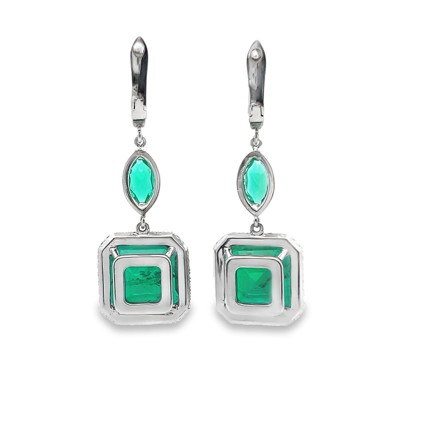 Emerald Lever Back Dangle Earrings with Diamond Halo in 14K White Gold