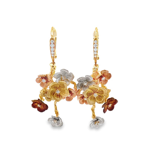 Dangly Flower Earrings in 14K Yellow Gold and Diamonds