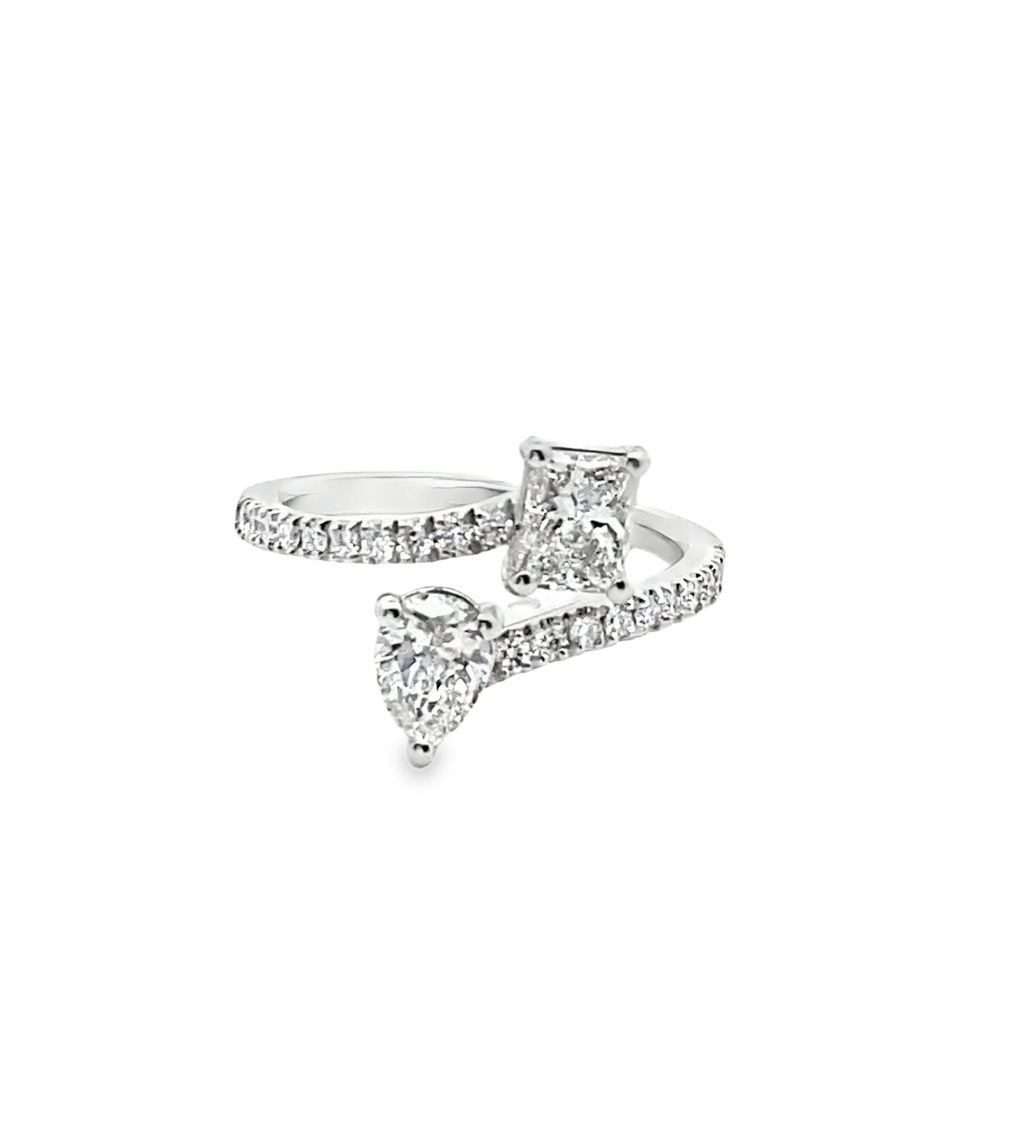 Emerald and Pear Cut Open Diamond Ring in 14K Gold