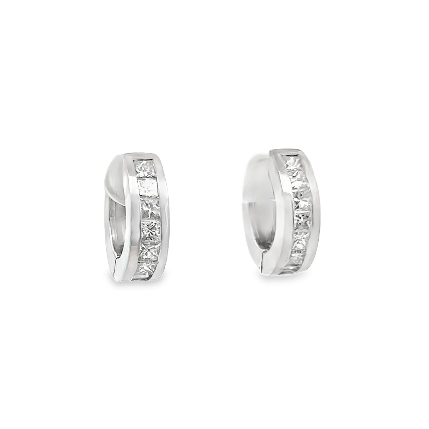 Channel Set Princess Cut Diamond Huggie Hoop Earrings in 14K White Gold