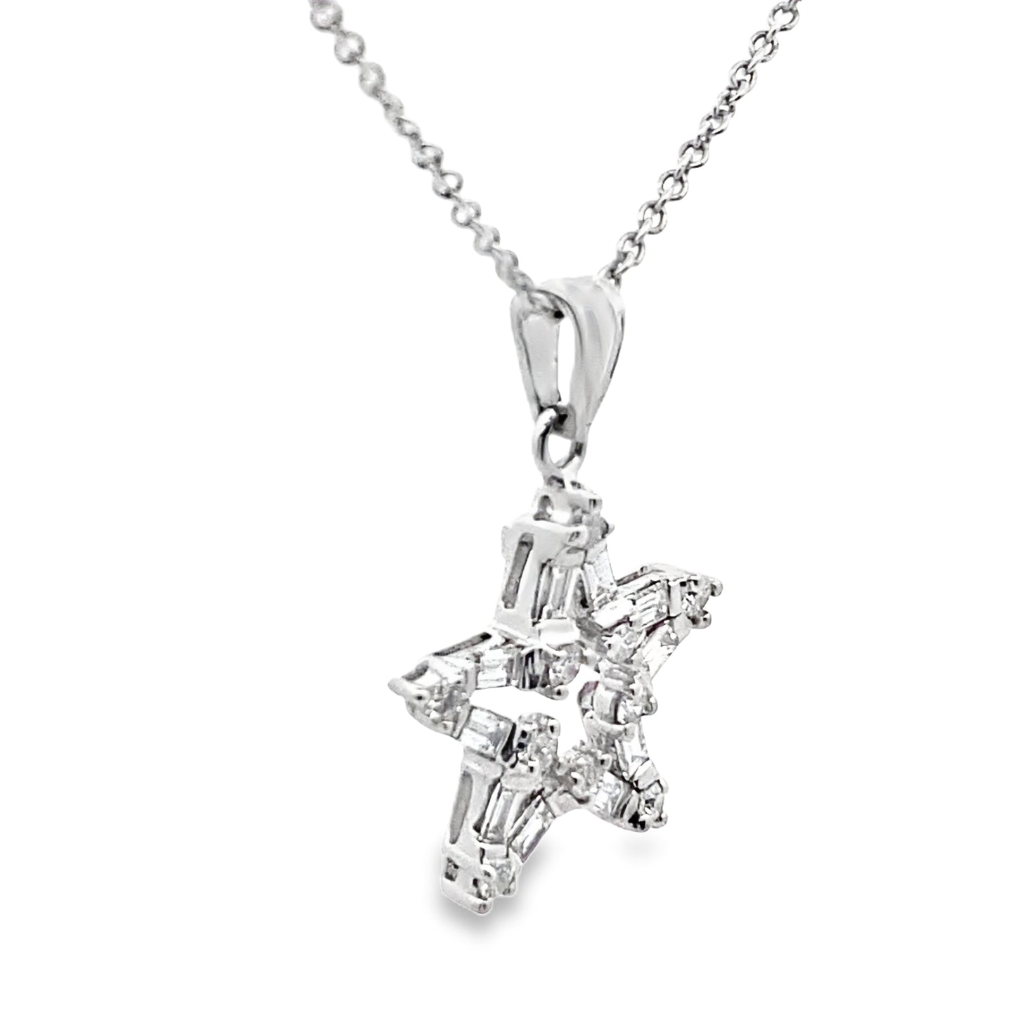 Baguette-Cut and Round-Cut Diamond Star Shape Pendant Necklace in 14K White Gold