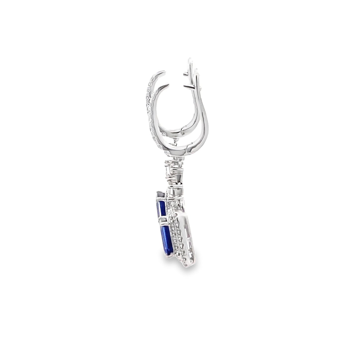 Blue Sapphire Lever back Dangle Earrings with Double Diamond Halo in 18K White Gold