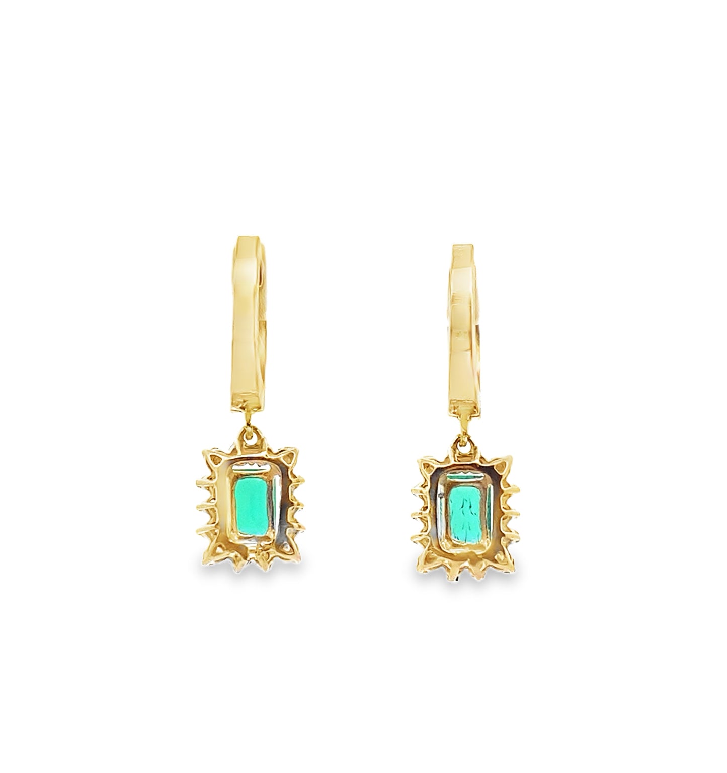 Emerald and Diamond Halo Hoop Drop Earrings in 14K Gold