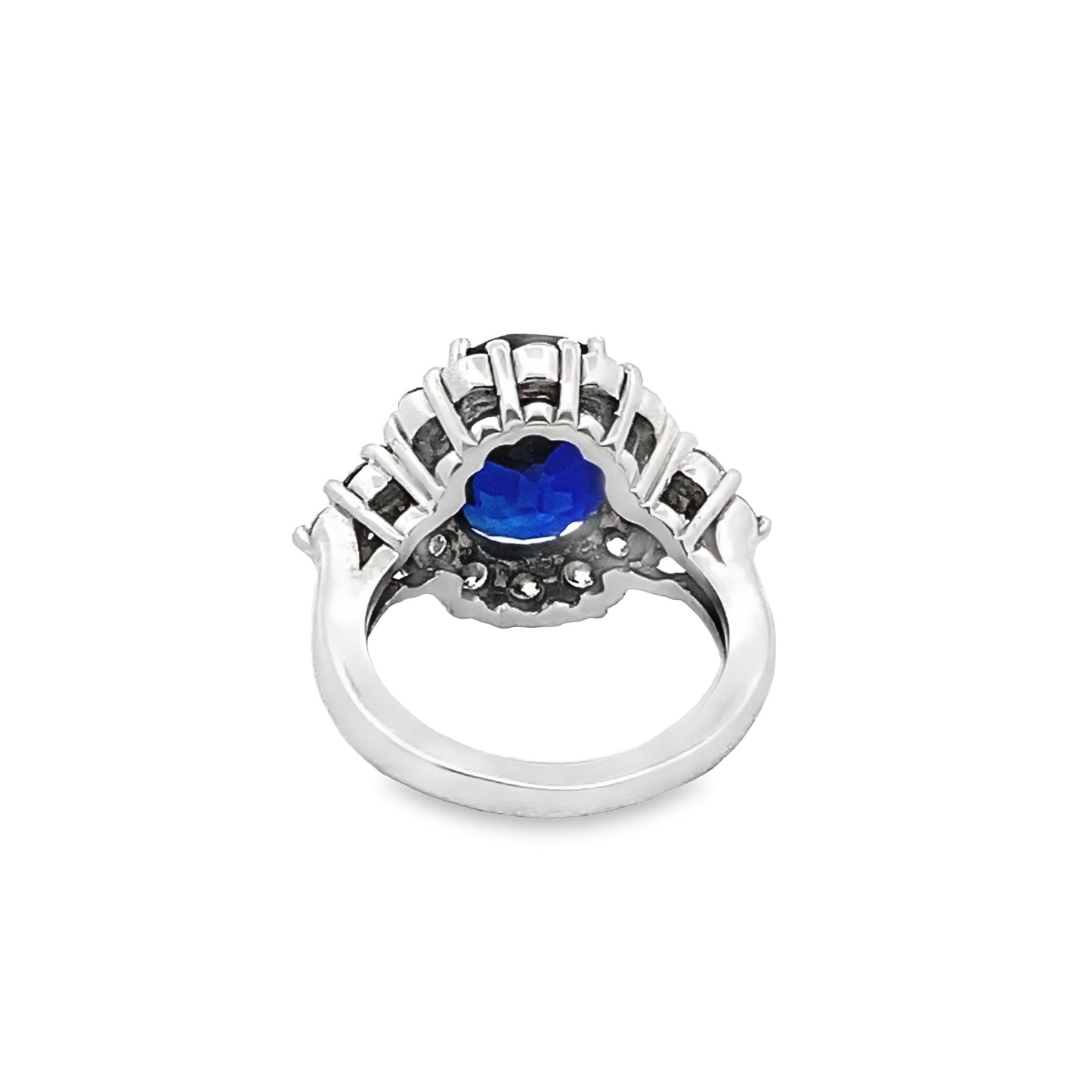 Prong-Set Oval Blue Sapphire Ring with Diamond Halo in 14K White Gold